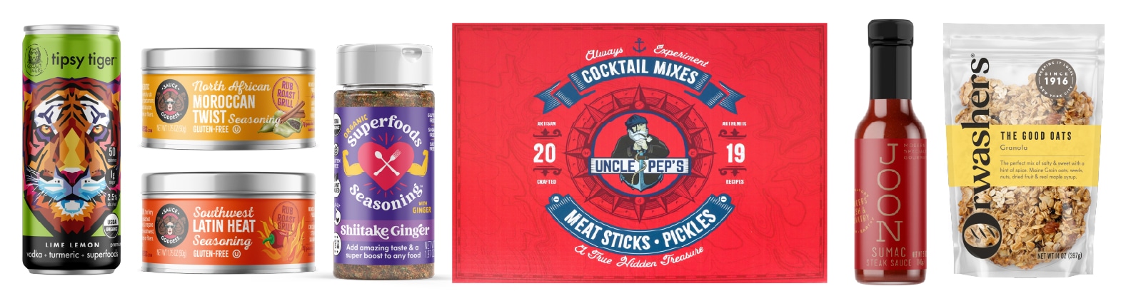 Tipsy Tiger, Sauce Goddess, Superfood Seasonings, Uncle Pep's, Joon, Orwashers food packaging design