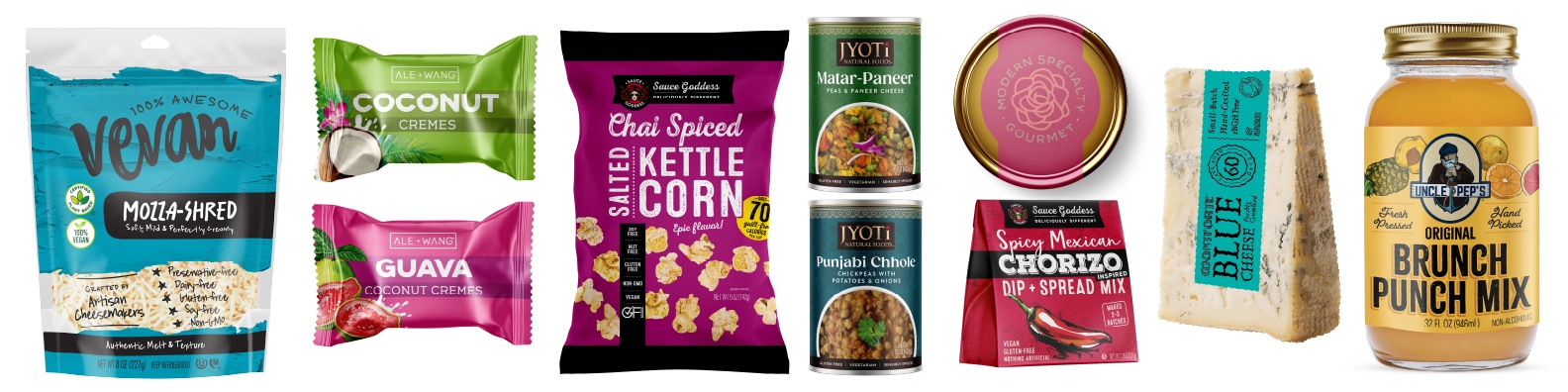 Vevan, Ale & Wang, Sauce Goddess, Jyoti, Joon, Montforte, Uncle Pep's food packaging design