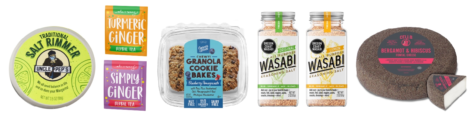 Uncle Pep's, Ale & Wang, Cooper Street Cookies, Oregon Coast Wasabi, Cello Rubbed Fontal food packaging design