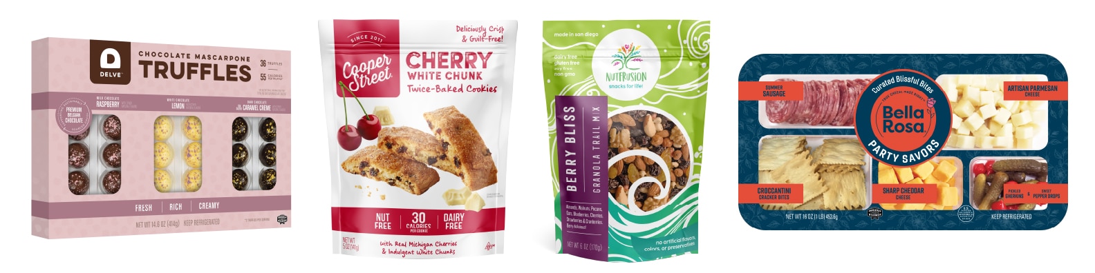 Delve, Cooper Street Cookies, Nutfrusion, Bella Rosa charcuterie food packaging design